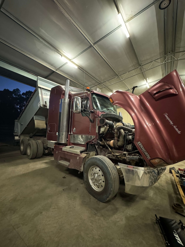 Cab tilted for major engine repairs on a prime mover